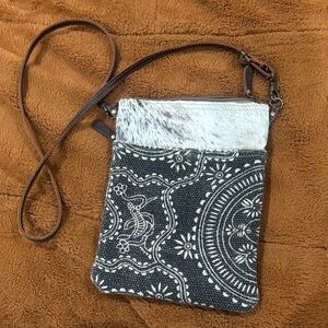 Myra Bag Black & White Patterned Crossbody with Cowhide Accent